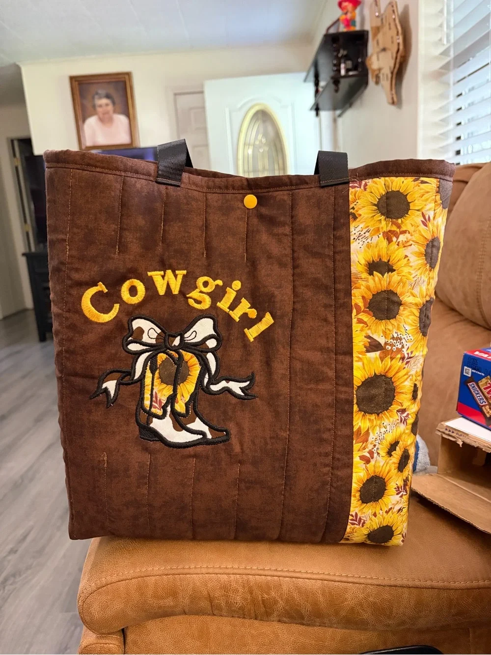 Sunflower Cowgirl Quilted Tote Bag - Brown & Yellow